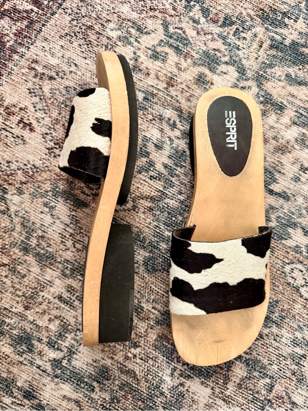 Y2K Esprit Calf Hair Cow Print Wooden Mules 8
